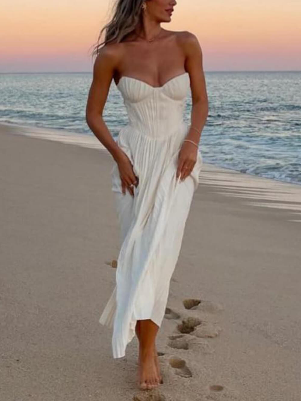 Elegancka, plisowana, bezramienna maxi sukienka