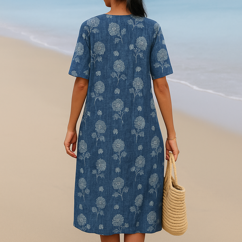 ALMA | Niebieska sukienka indigo w kwiaty