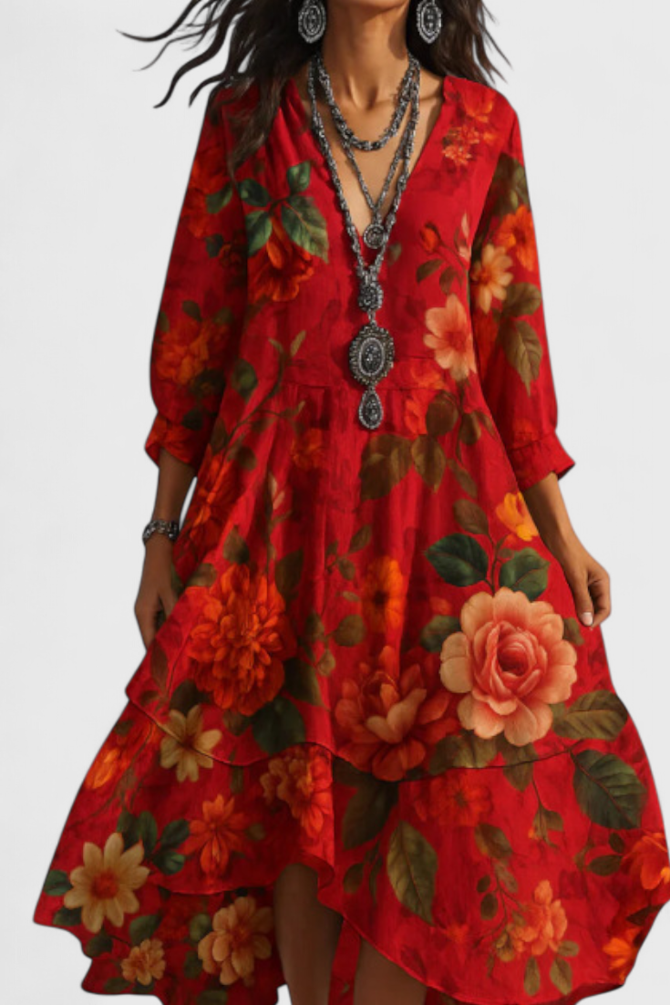 Nerea Sukienka Boho Vintage z Kwiatowym Wzorem i Dekoltem w Serek
