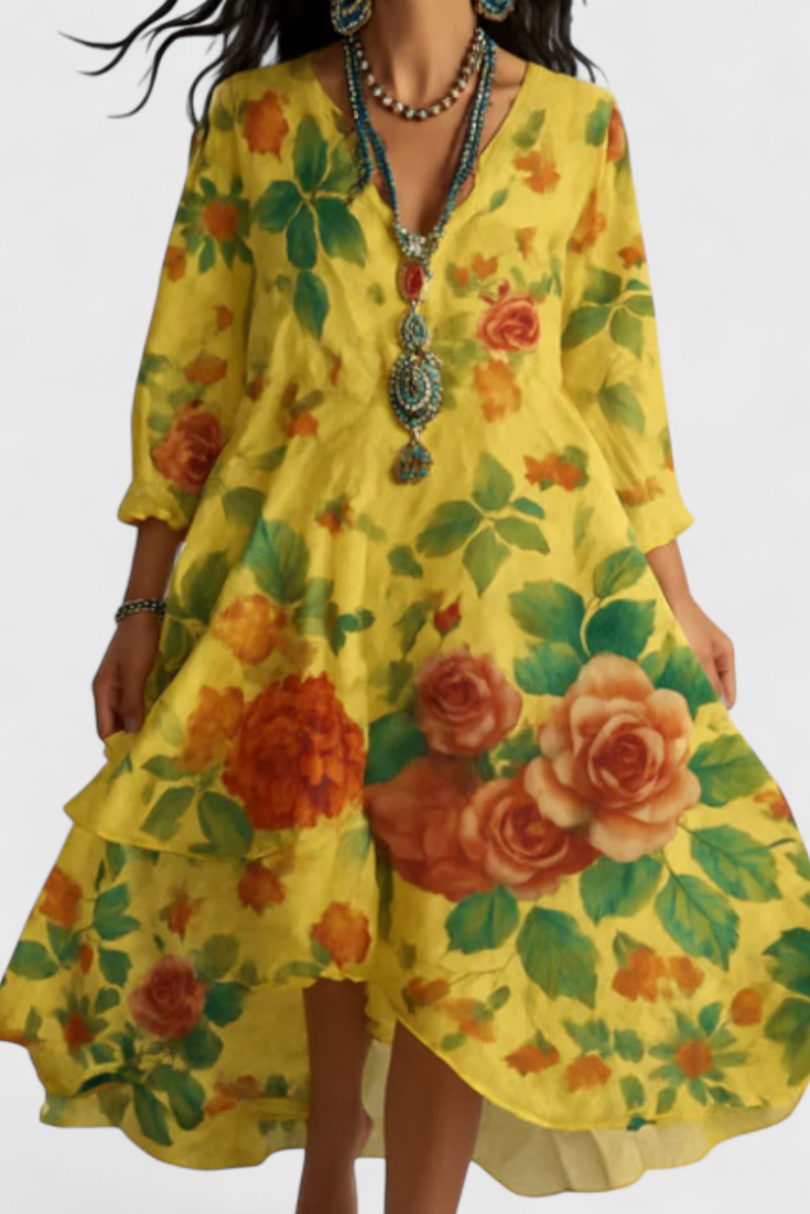 Nerea Sukienka Boho Vintage z Kwiatowym Wzorem i Dekoltem w Serek