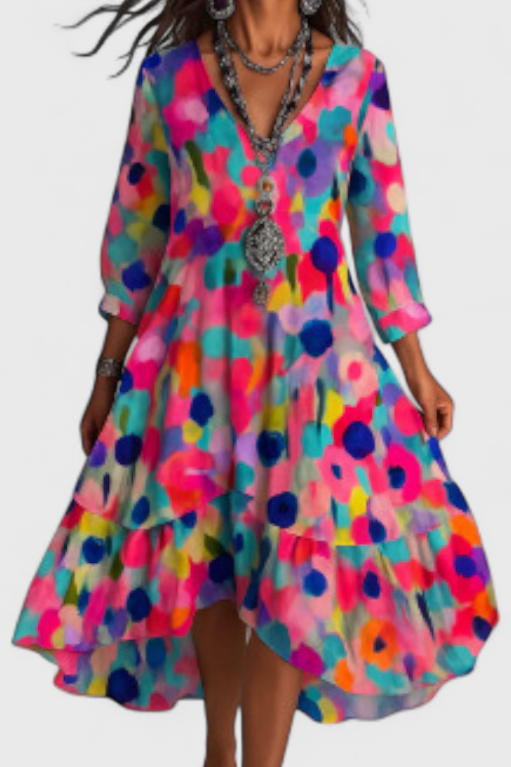 Nerea Sukienka Boho Vintage z Kwiatowym Wzorem i Dekoltem w Serek