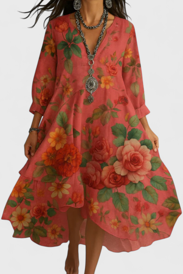 Nerea Sukienka Boho Vintage z Kwiatowym Wzorem i Dekoltem w Serek