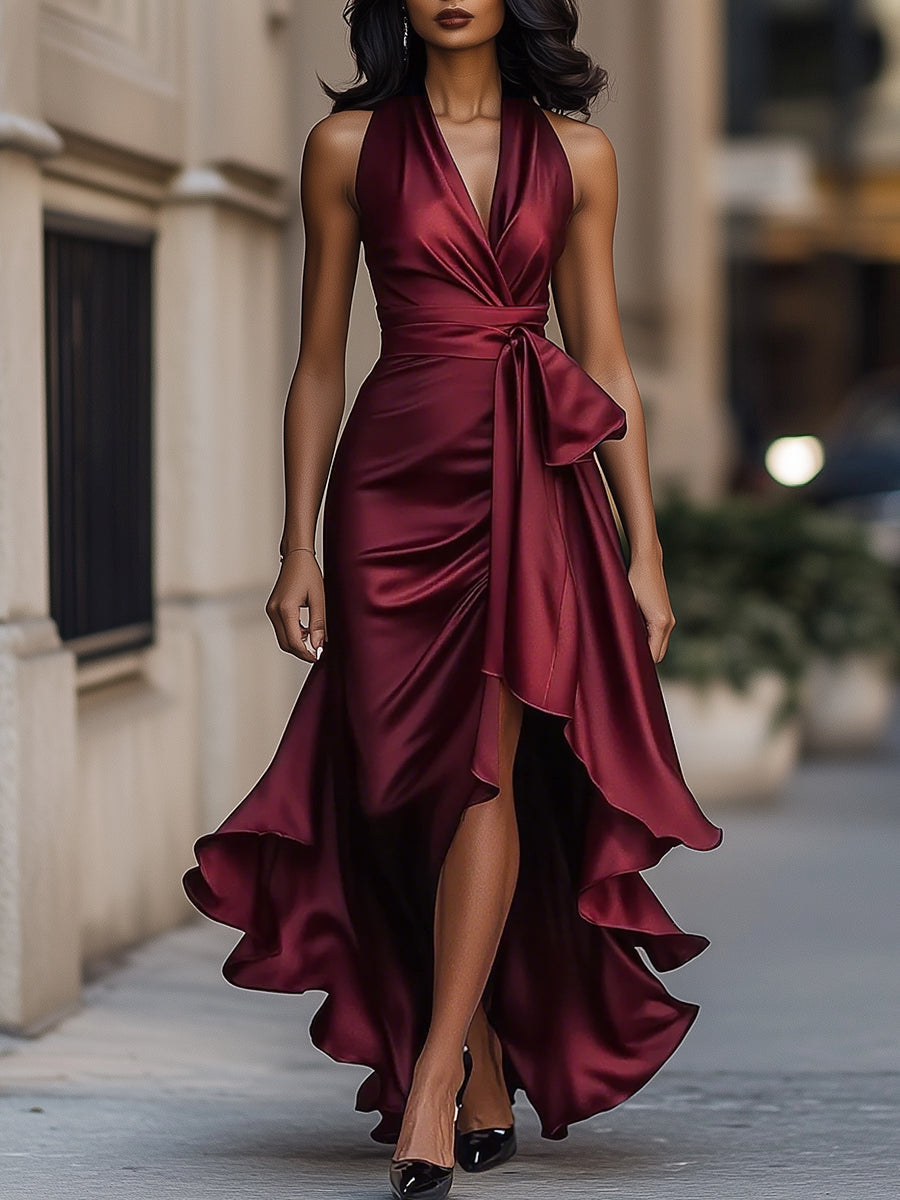 Sukienka Ruffle Halter Satin Elegancja Północna
