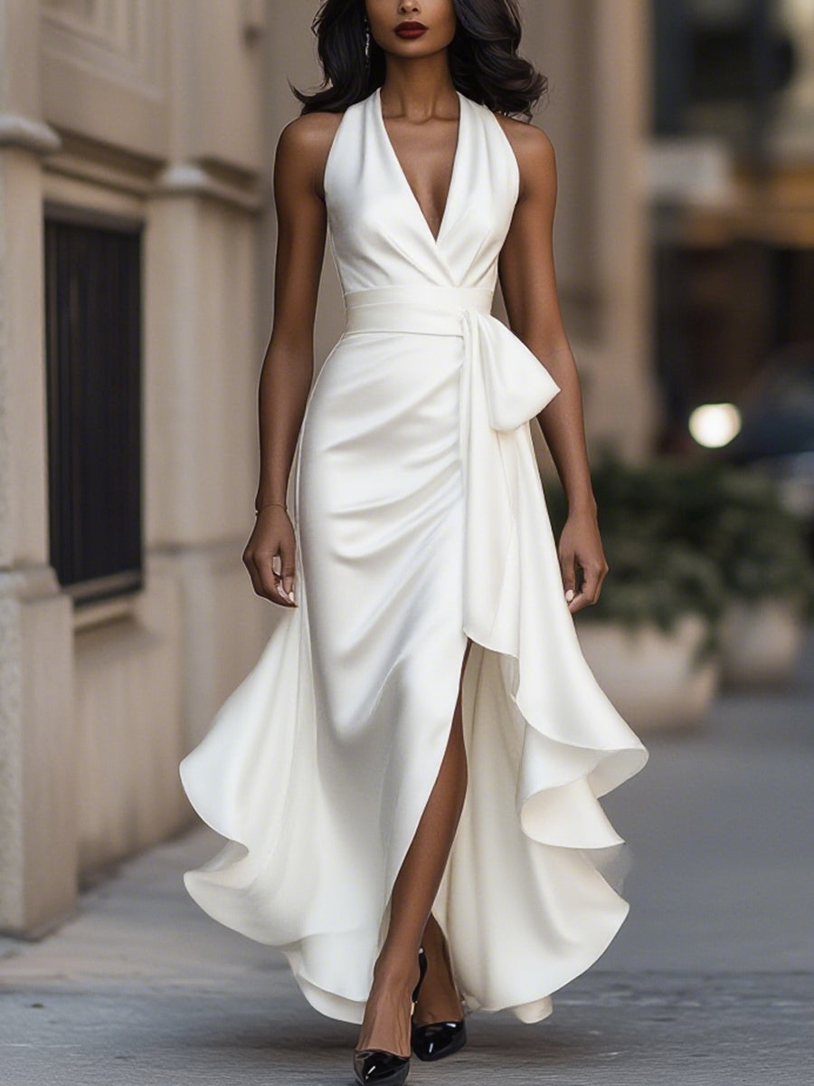 Sukienka Ruffle Halter Satin Elegancja Północna