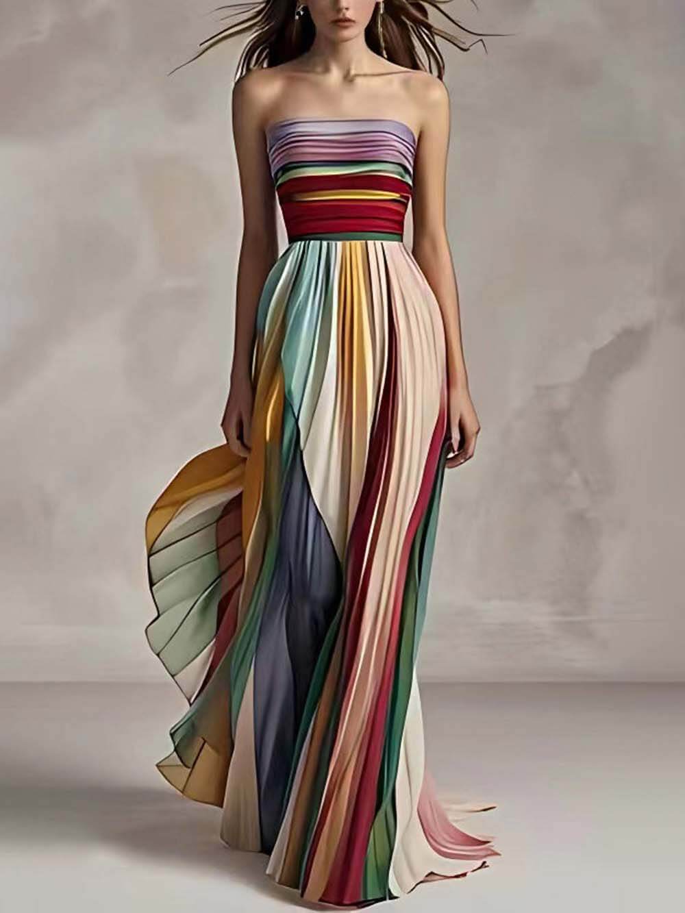 Elegancka, prążkowana sukienka maxi off-shoulder z falbanami i nadrukiem