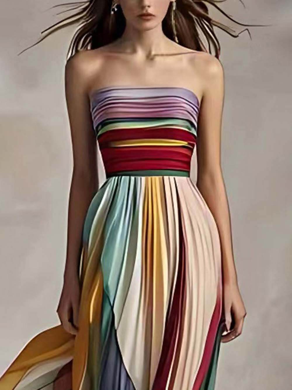 Elegancka, prążkowana sukienka maxi off-shoulder z falbanami i nadrukiem