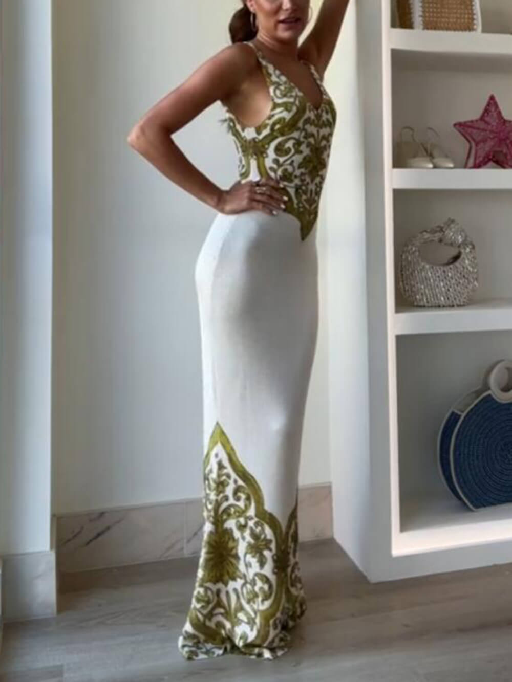 Nadzwyczajna elegancja, symetryczny, unikalny nadruk i rozciągliwa sukienka maxi z ogonem ryby