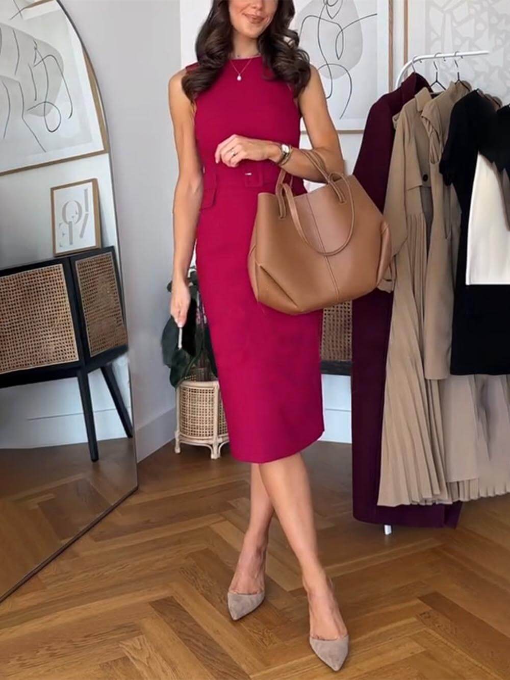 Elegancka i wyrafinowana formalna sukienka midi z dekoltem w serek i ołówkowym kroju