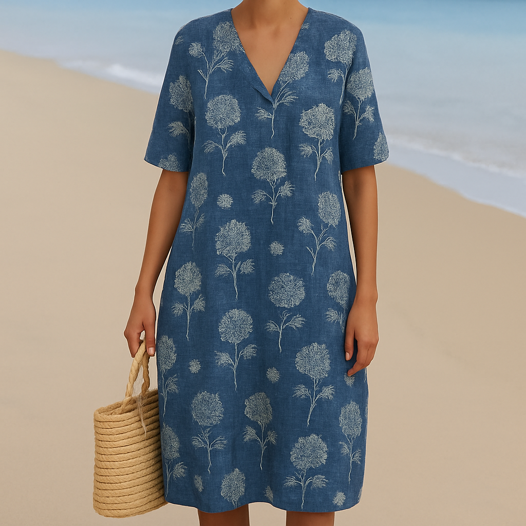 ALMA | Niebieska sukienka indigo w kwiaty
