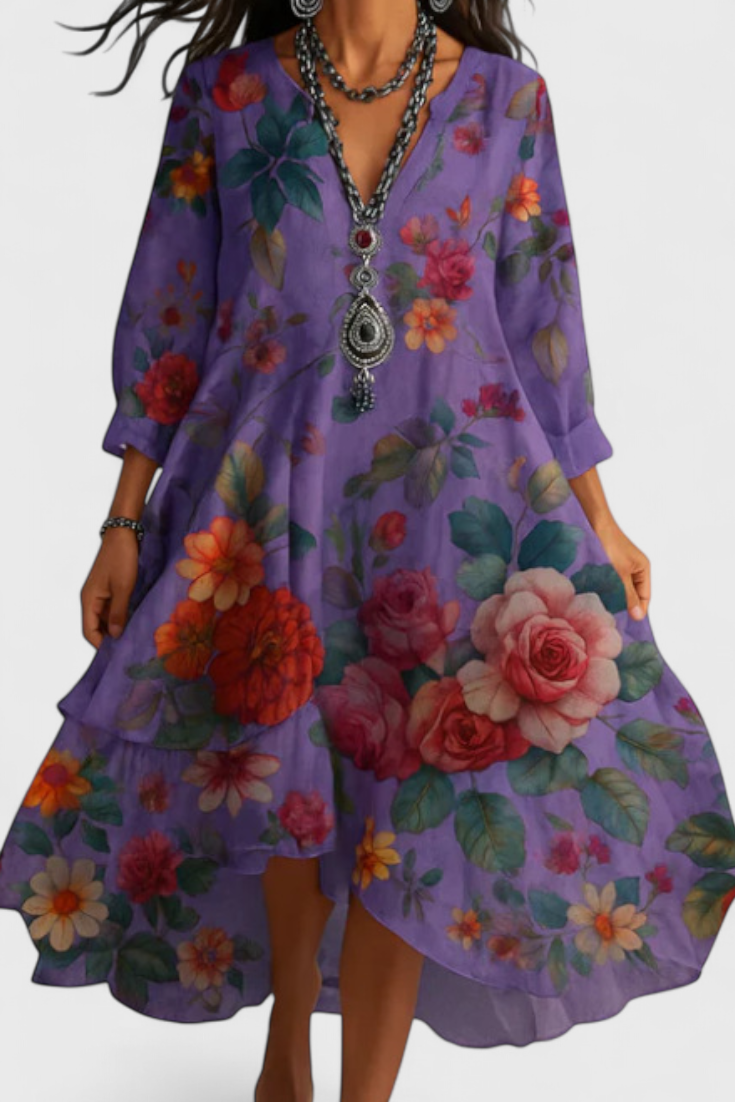 Nerea Sukienka Boho Vintage z Kwiatowym Wzorem i Dekoltem w Serek