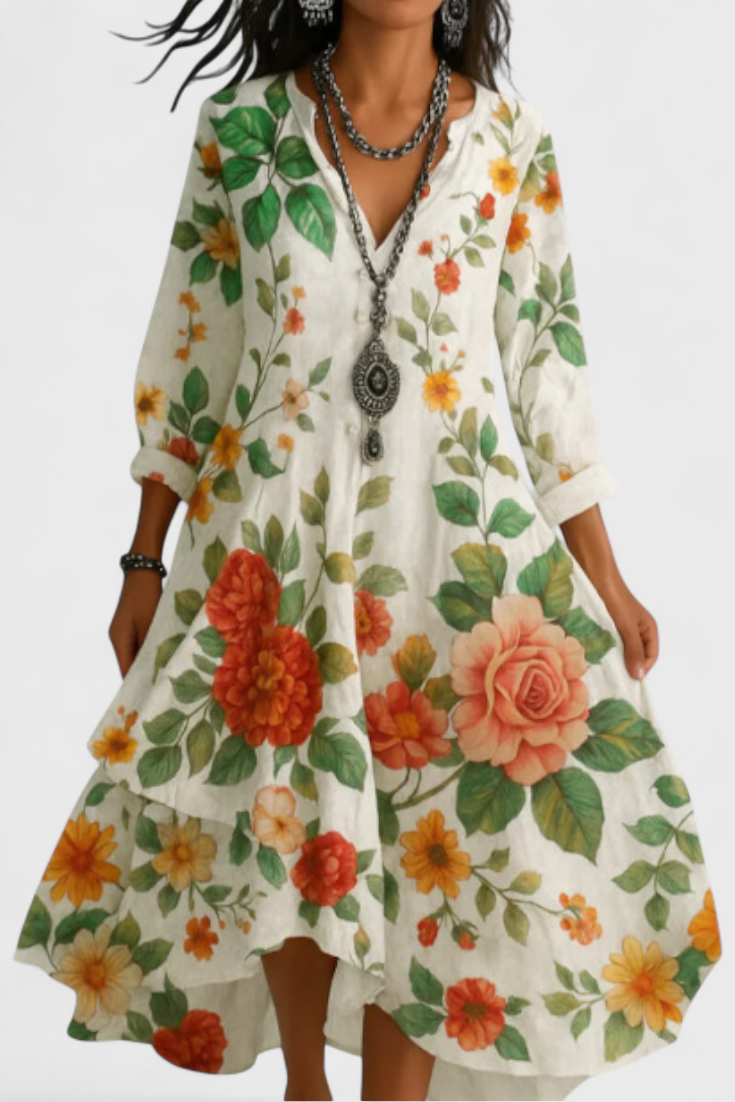 Nerea Sukienka Boho Vintage z Kwiatowym Wzorem i Dekoltem w Serek