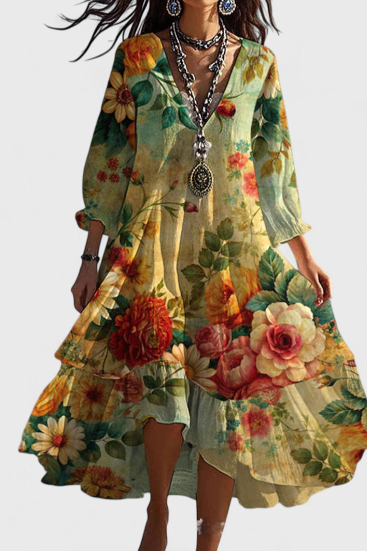 Nerea Sukienka Boho Vintage z Kwiatowym Wzorem i Dekoltem w Serek