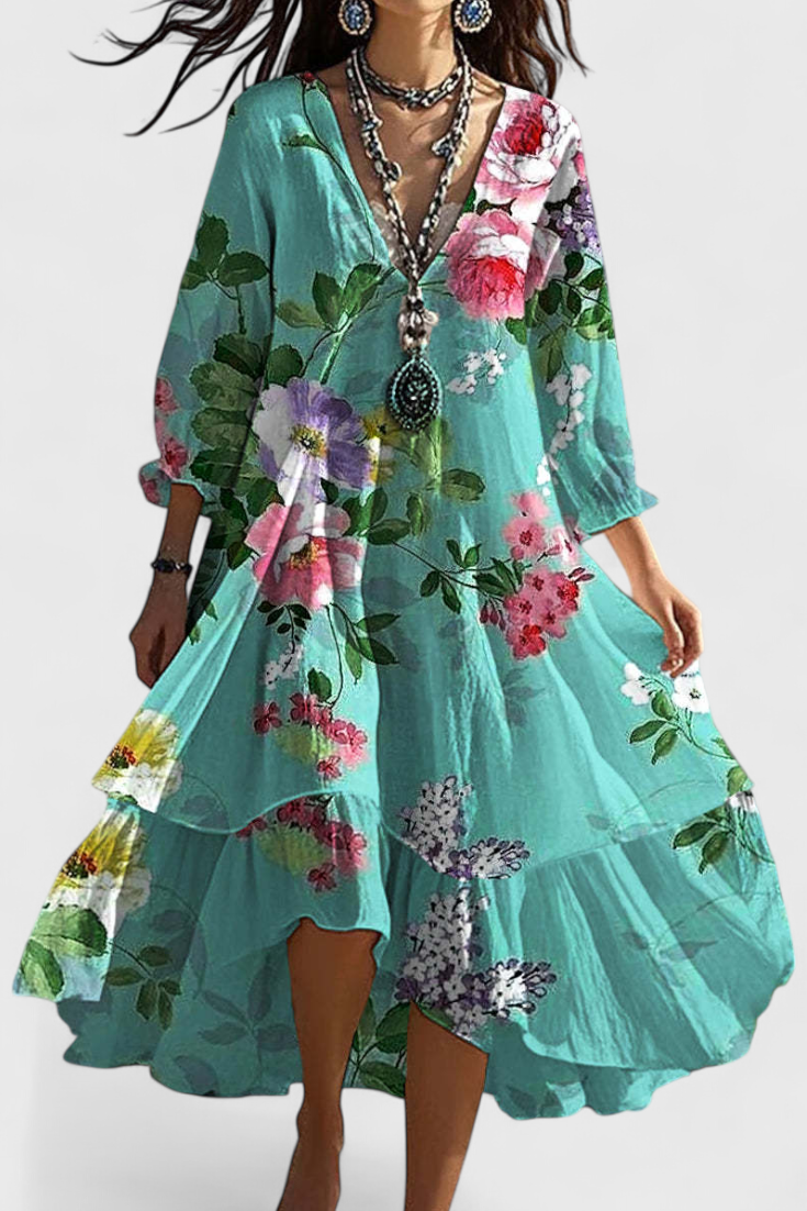 Nerea Sukienka Boho Vintage z Kwiatowym Wzorem i Dekoltem w Serek