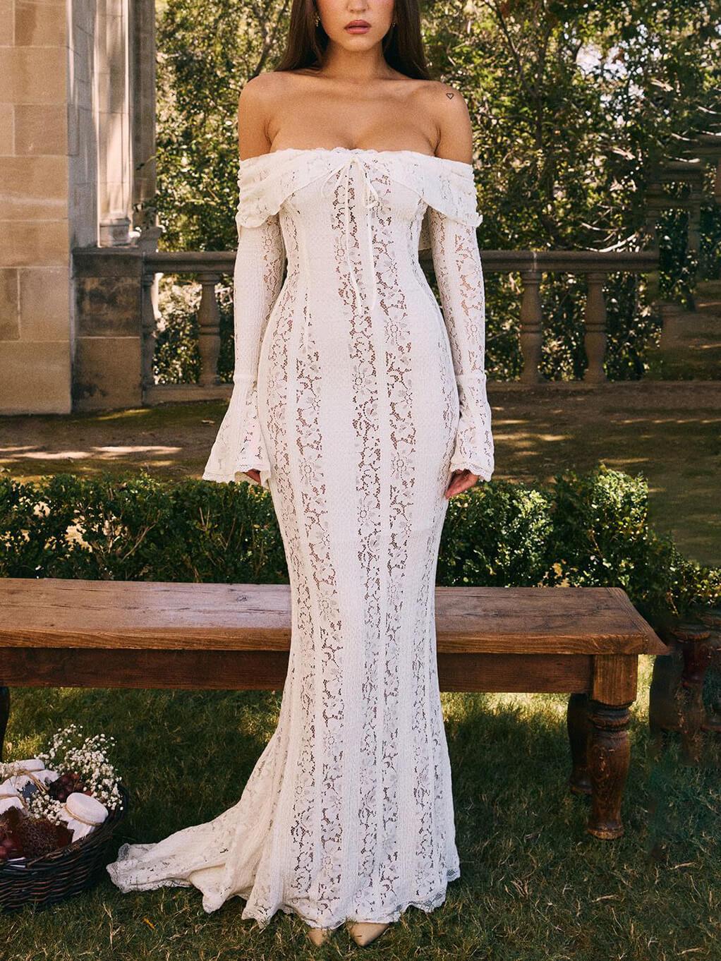 Elegancka maxi-sukienka w stylu syreny z jednym ramieniem i koronką