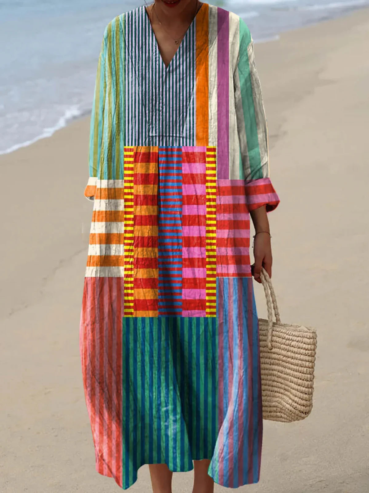 Inaya | Długa Sukienka Patchwork Wielokolorowa